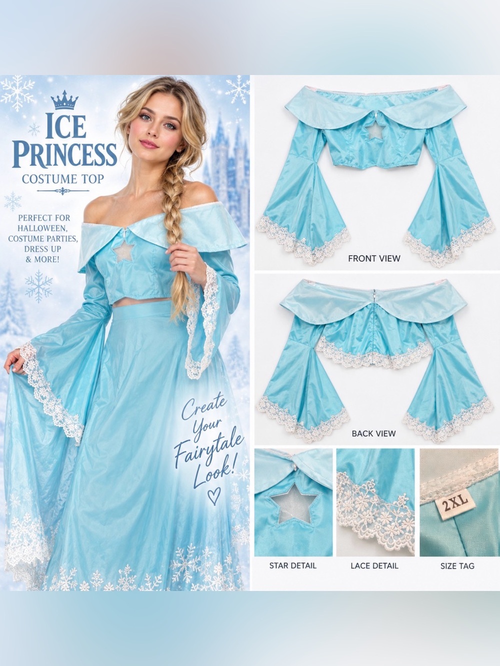 Women’s 2XL Ice Princess Halloween Costume Blue White Lace Fairytale